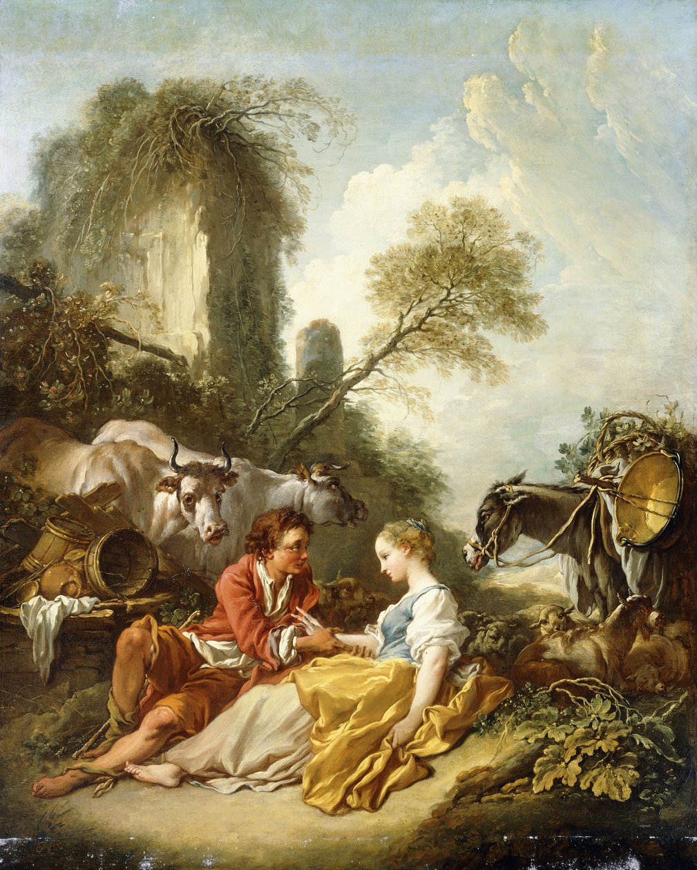 Et pastoralt landskap med en hyrde og gjeterinne ved ruiner, av François Boucher