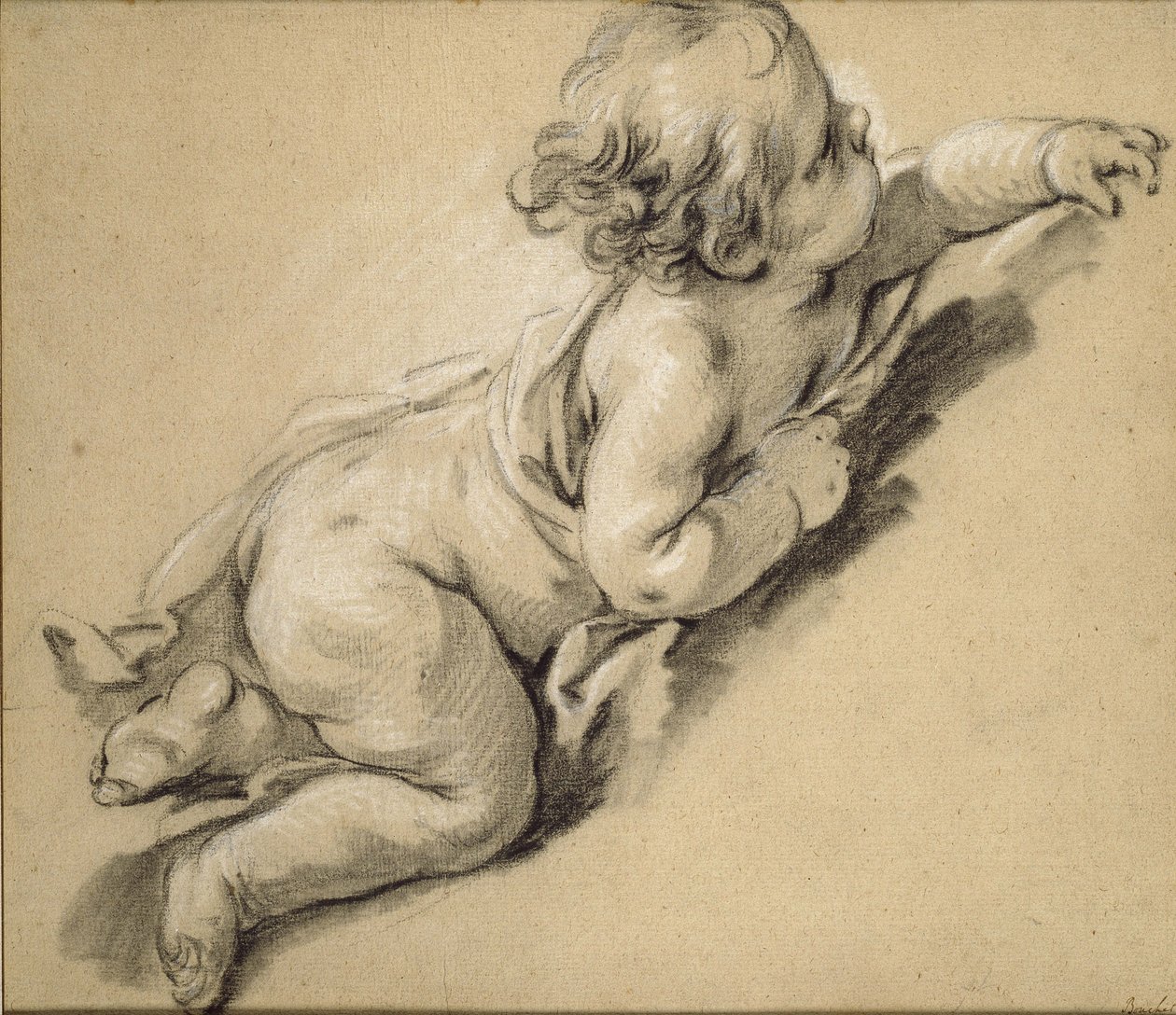 En Putto som lener seg til høyre (kritt på papir) av François Boucher