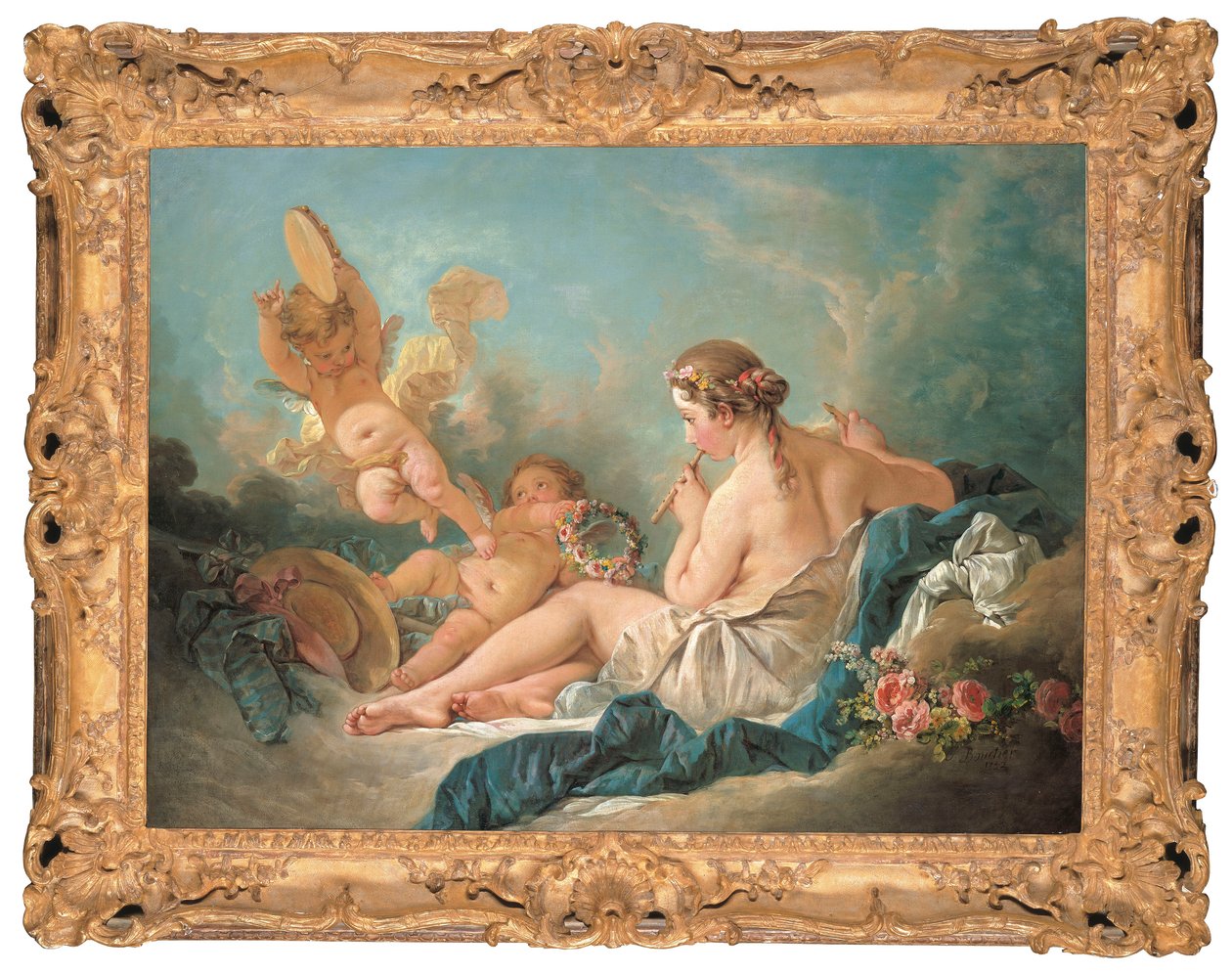 En liggende nymfe som spiller fløyte med Putti, kanskje Muse Euterpe, 1752 av François Boucher
