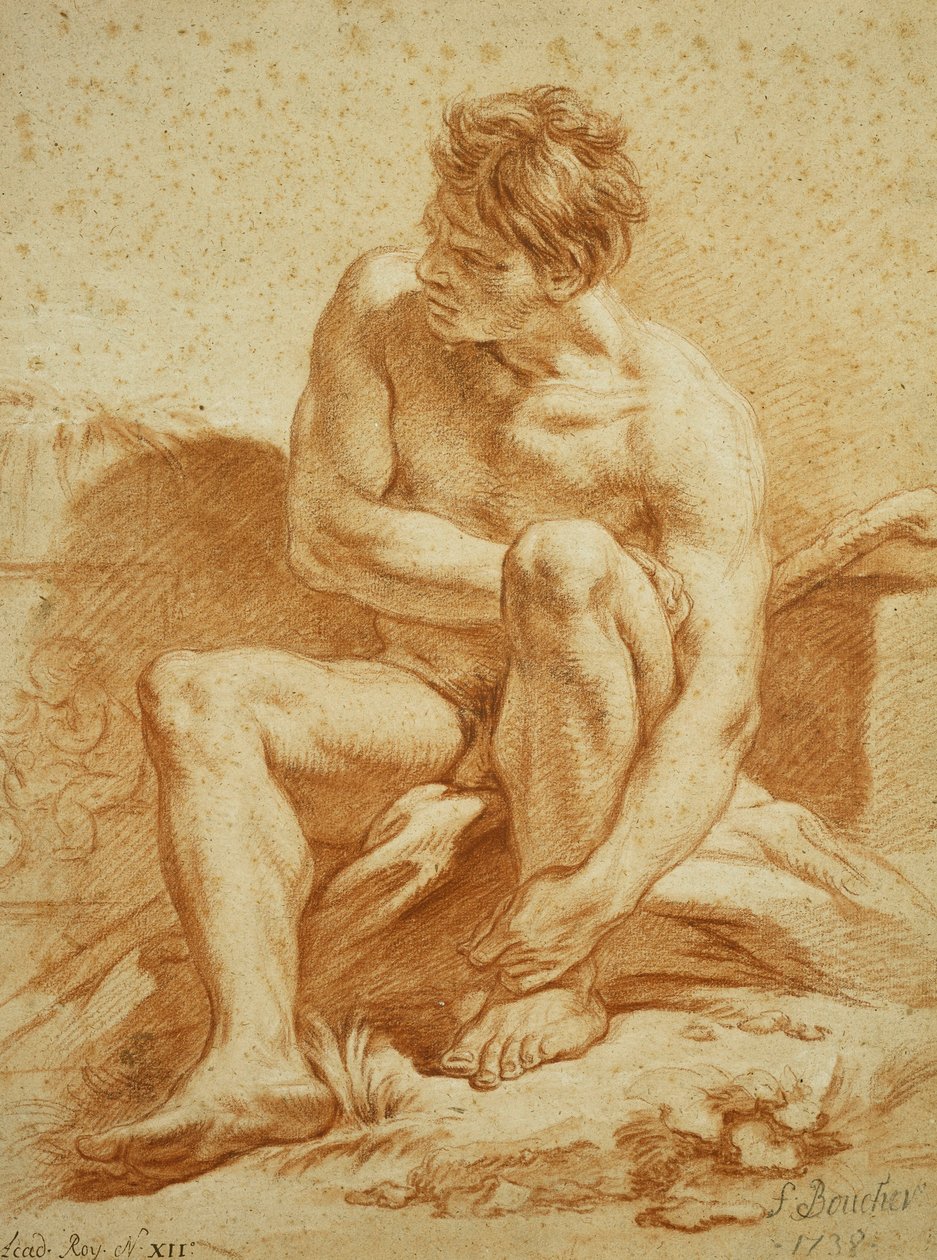 En sittende naken med en stav, et relieff med Putti til venstre, 1738 av François Boucher