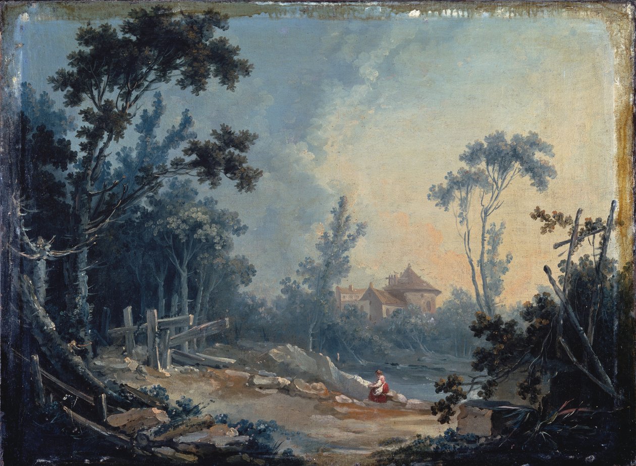 Et skogkledd landskap med bygninger i det fjerne av François Boucher