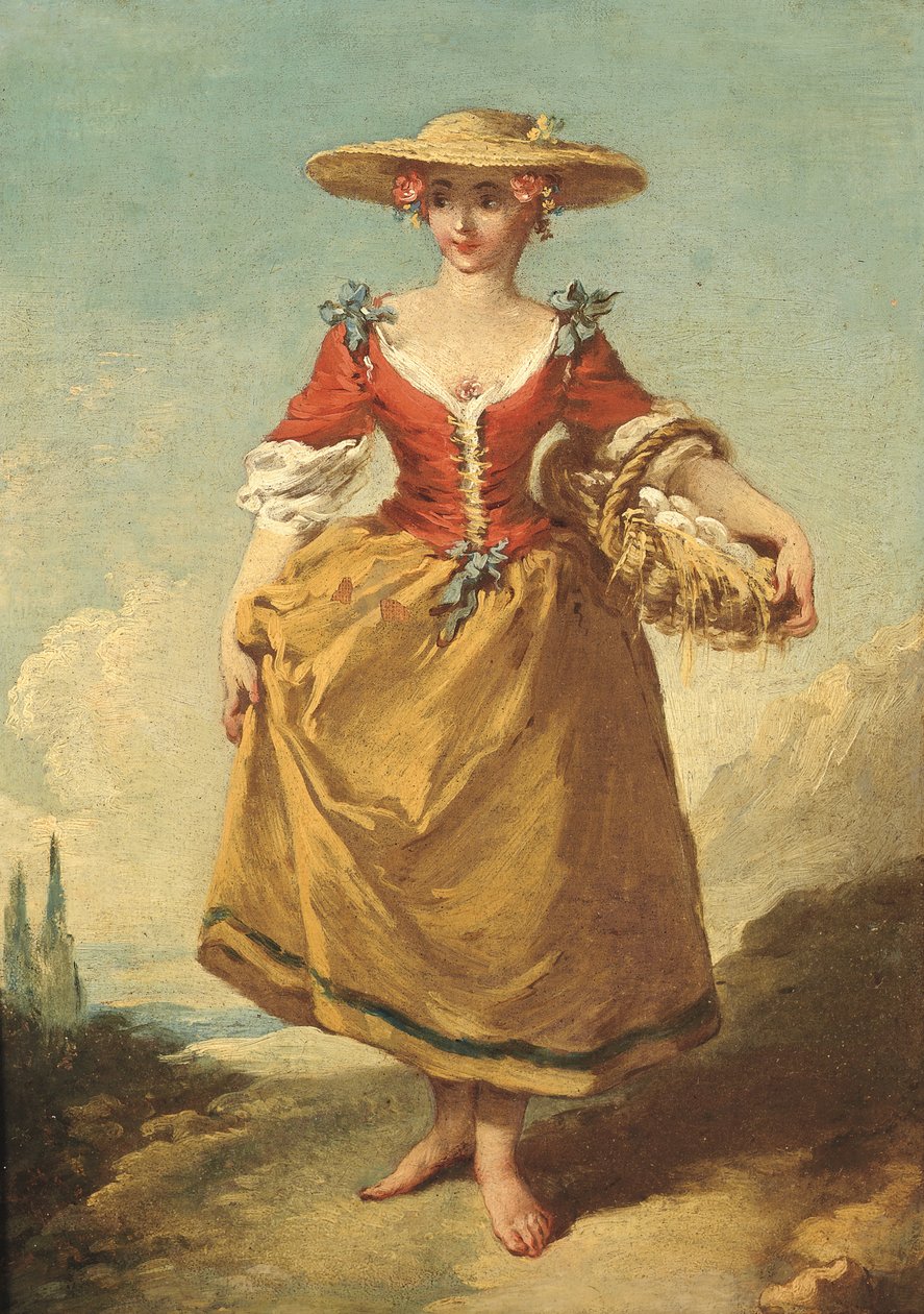 En bondepike i et landskap som bærer en kurv med egg (olje på lerret) av François Boucher