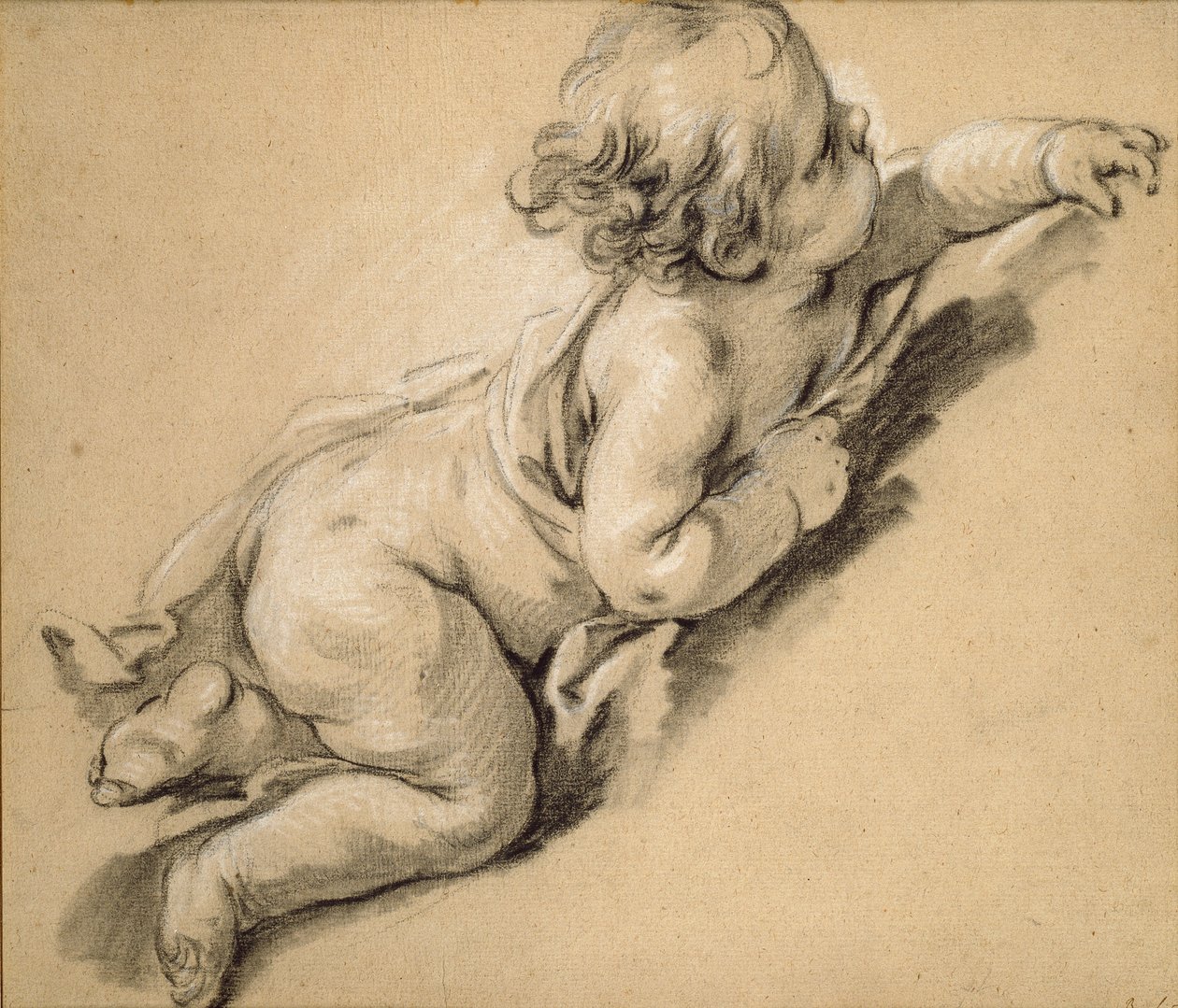 En putto liggende til høyre, midten av 1700-tallet. av François Boucher