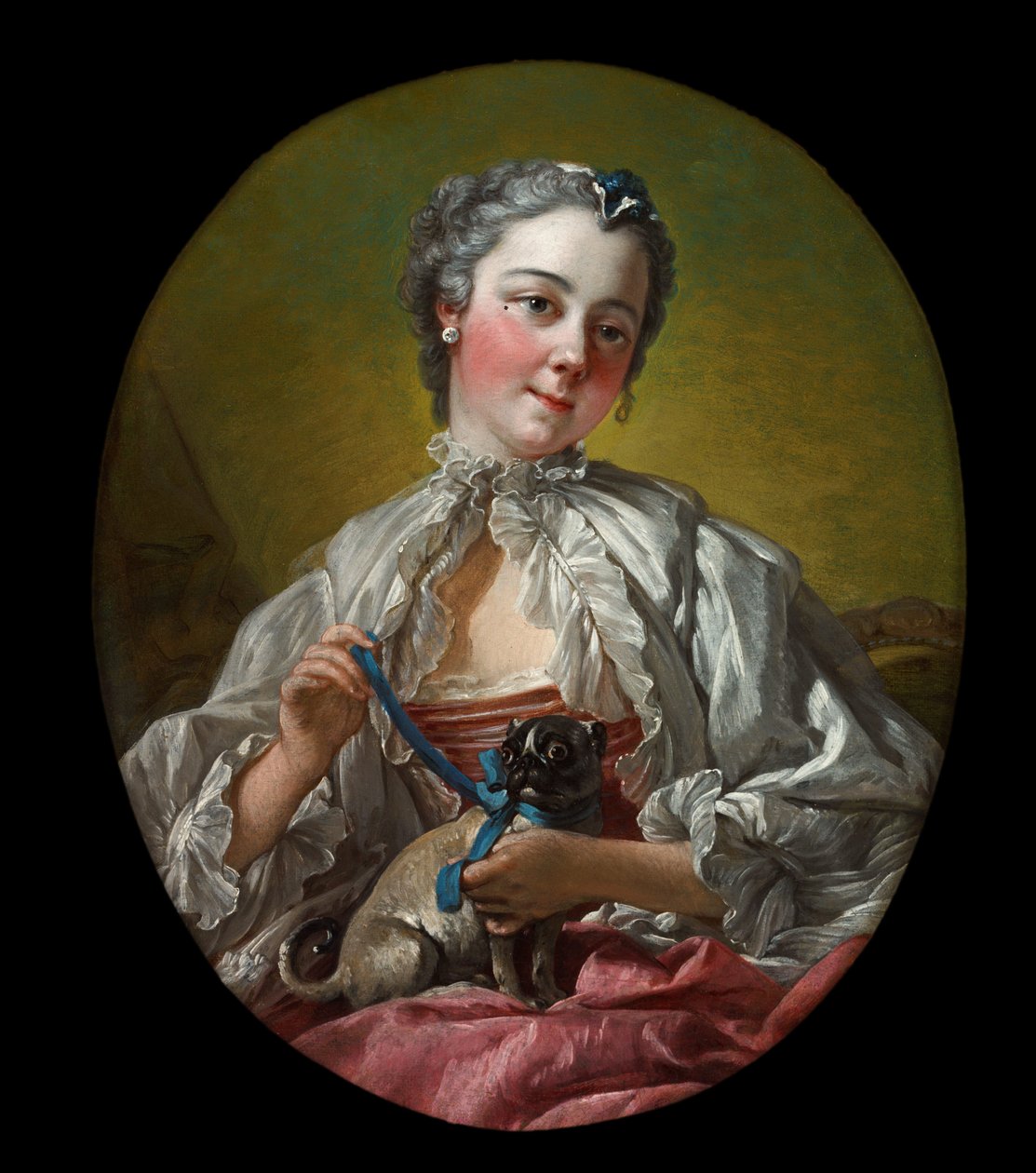 En ung dame som holder en mopshund av François Boucher