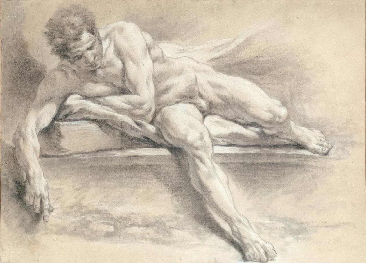 Nakenstudie av en mann som ligger på en steinbenk av François Boucher