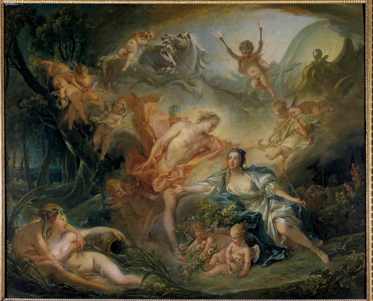 Apollo avslører sin guddom til hyrden Is La bergere elsker Filemon som i virkeligheten er guden Apollo. Maleri av Francois Boucher (1703-1770) 1750 søn. 1,29 x 1,57 m Turer, Musee des Beaux Arts av François Boucher