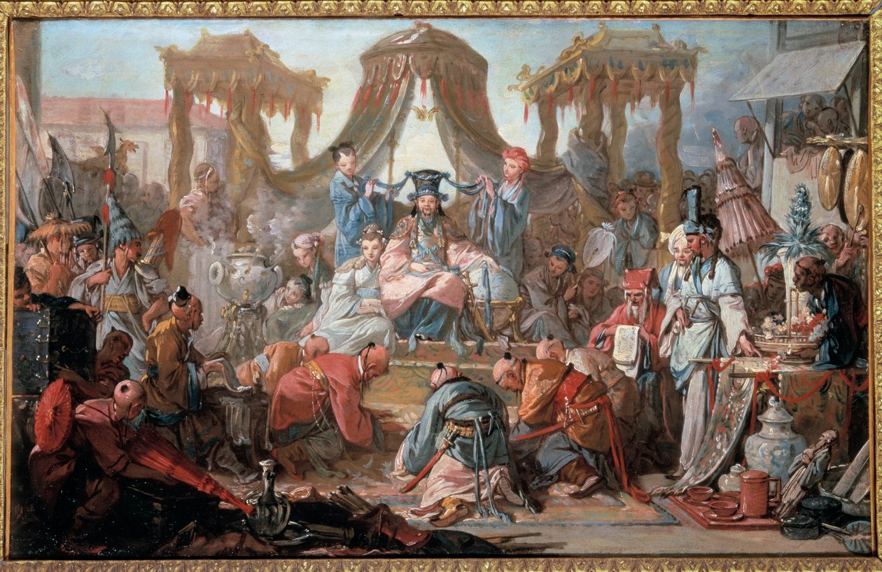Publikum til keiseren av Kina. Undersåttene bøyer seg foran keiseren. Maleri av Francois Boucher av François Boucher