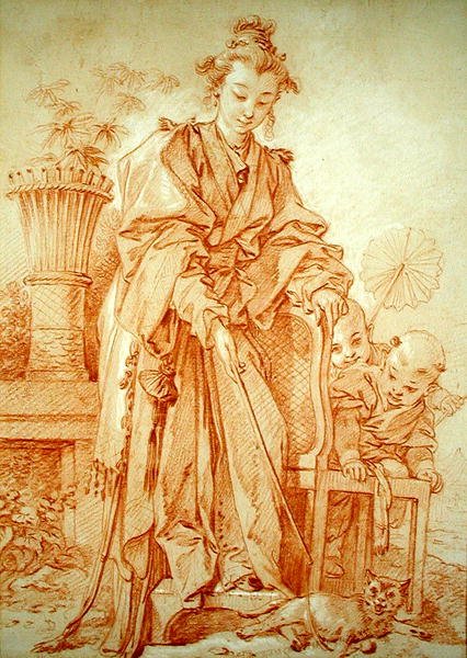 Kinesisk jente leker med en katt av François Boucher