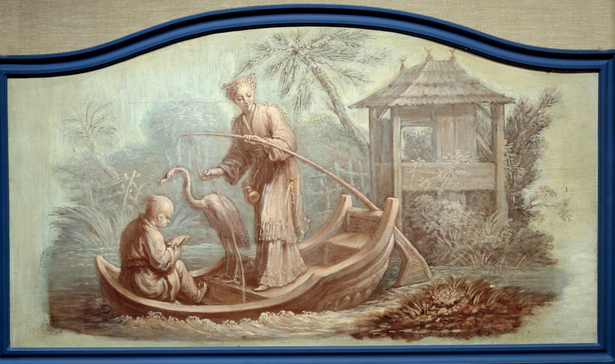 Chinoiserie: Scene for fiske i Kina. Front de porte-tegninger av Francois Boucher (1703-1770) av François Boucher