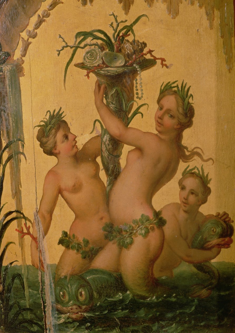 Detalj av sirener som holder et overflødighetshorn fra statsvognen til Peter den store, ca. 1724 av François Boucher