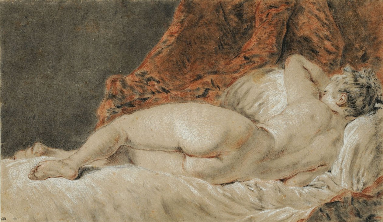 Tilbakelent kvinne sett bakfra, kalt Sleep, ca 1720. av François Boucher