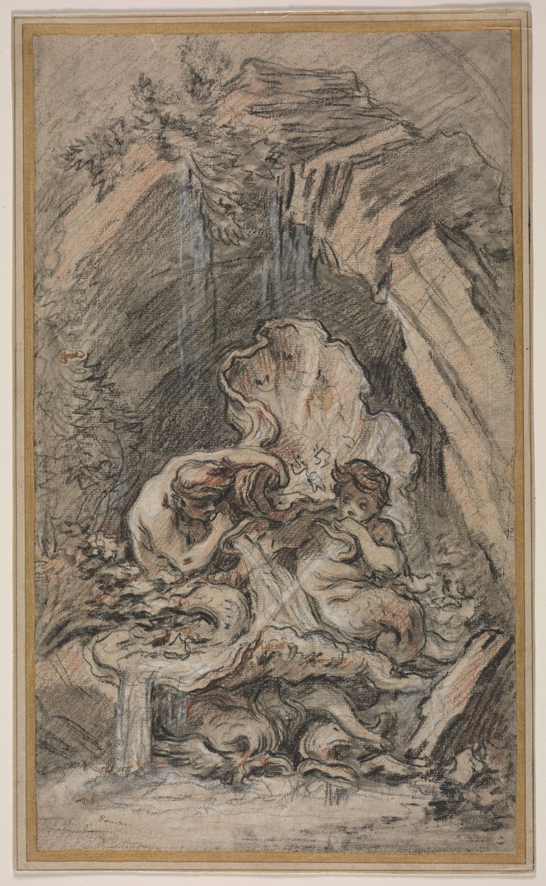 Fontene med to tritoner som blåser konkylieskjell, ca. 1736. av François Boucher