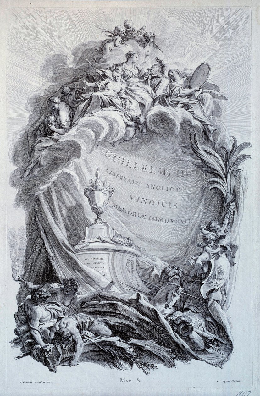 Frontispice for en serie planker på graven til William III, Prince of Orange og King of England (1650-1702). Tegning av Francois Boucher (1703-1770) 1700-tallet. Paris, Louvre-museet av François Boucher