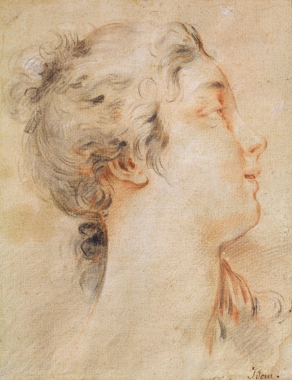 Hodet til en kvinne vendt mot høyre (svart blyant og sangvin) av François Boucher