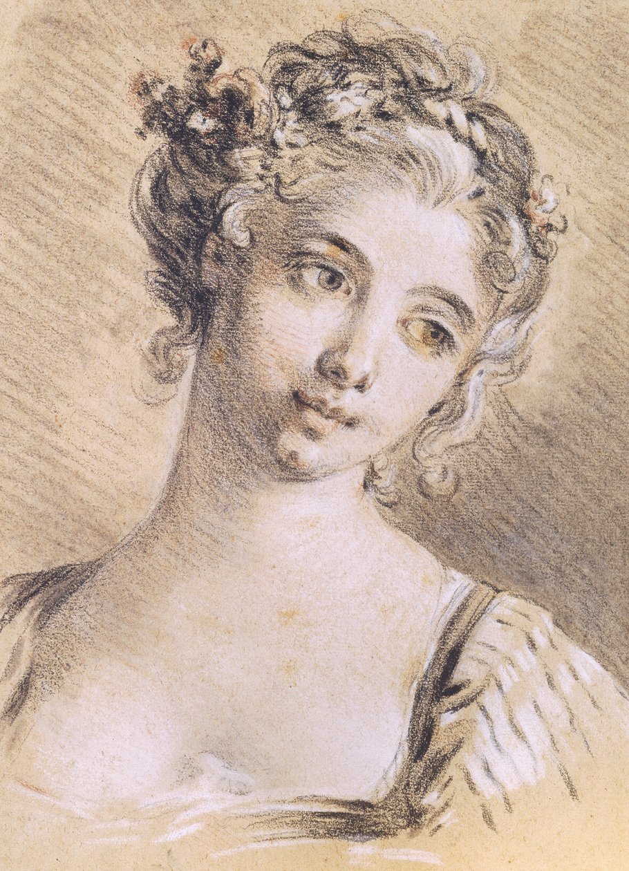 Hodet til en ung jente (kull og hvitt kritt på papir) av François Boucher