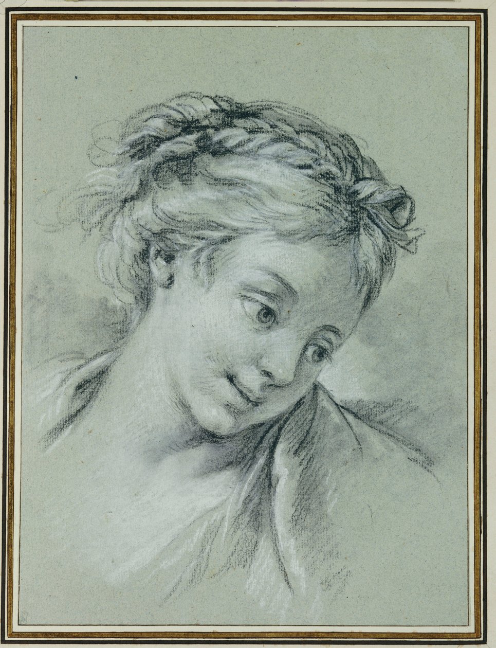 Hodet til en jente som ser ned til høyre av François Boucher