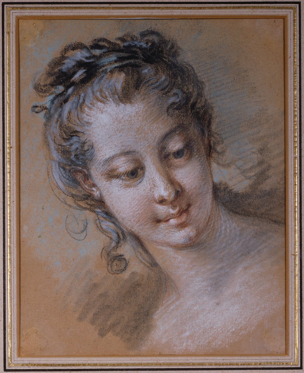 Hodet til en ung jente, ser ned til høyre av François Boucher