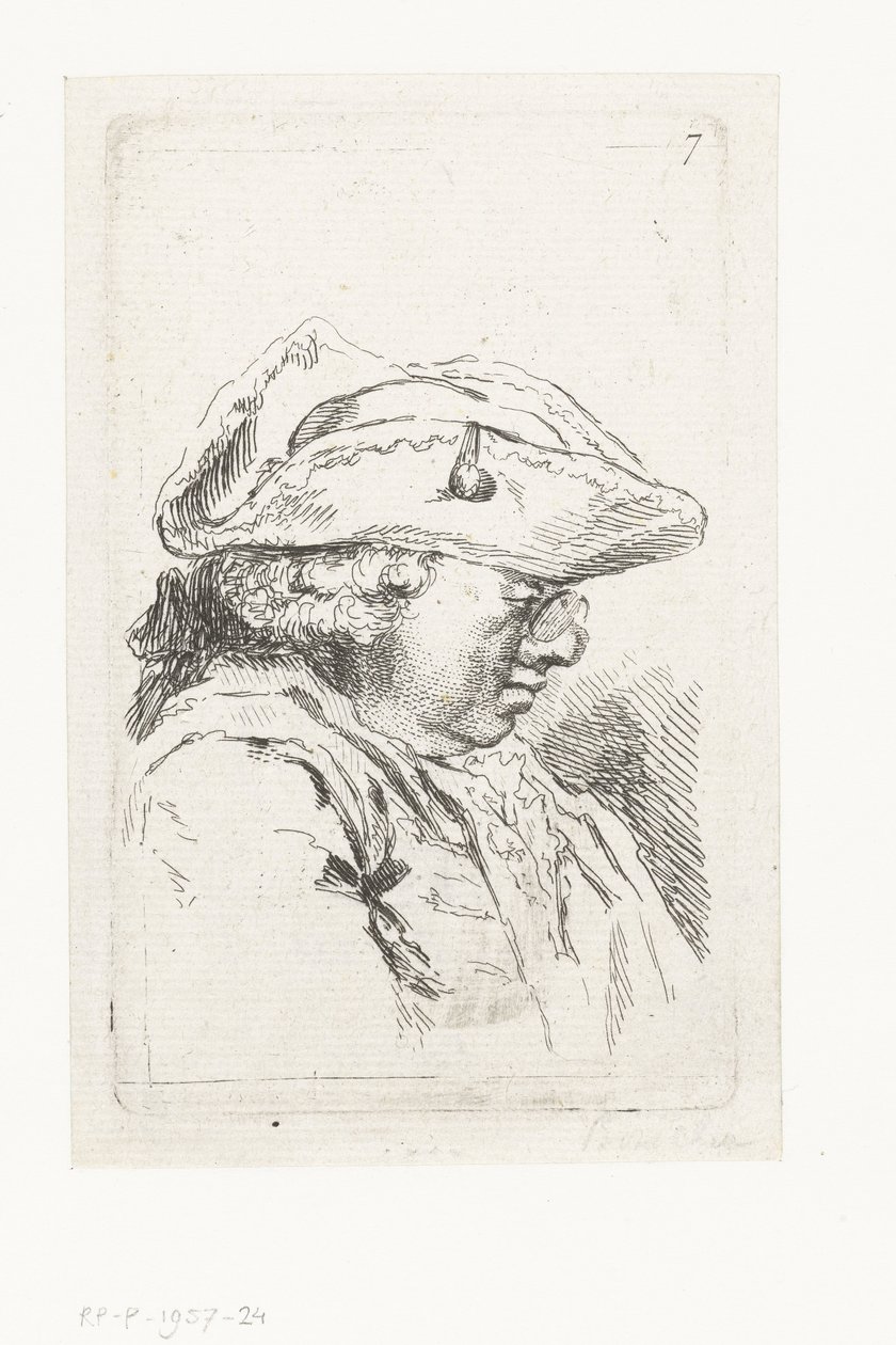Hodet til en mann med briller og tricorne Suite med små sjangerstykker og hoder (serietittel) av François Boucher