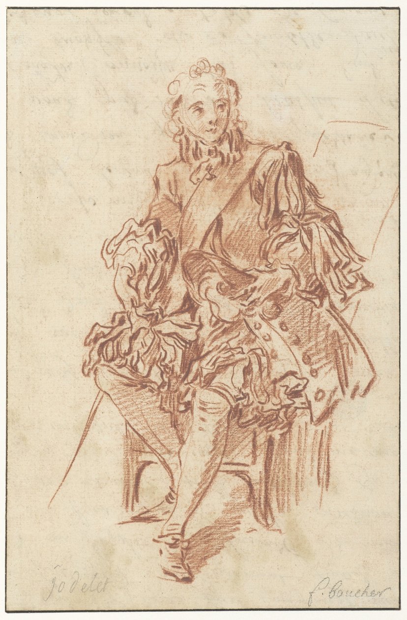 Jodelet sitter på en stol Design for illustrasjonen av Les Précieuses Ridicules