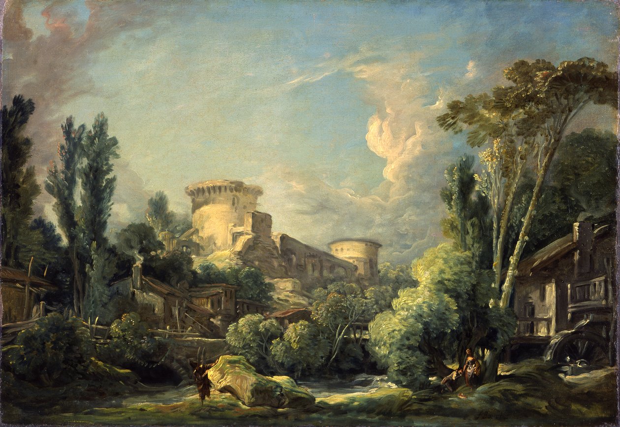 Landskap med slott og mølle, ca.1765 av François Boucher