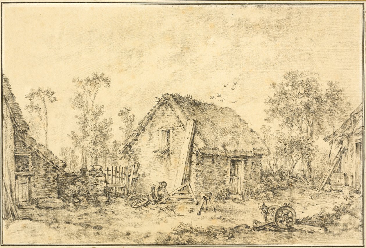 Landskap med rustikk hytte av François Boucher