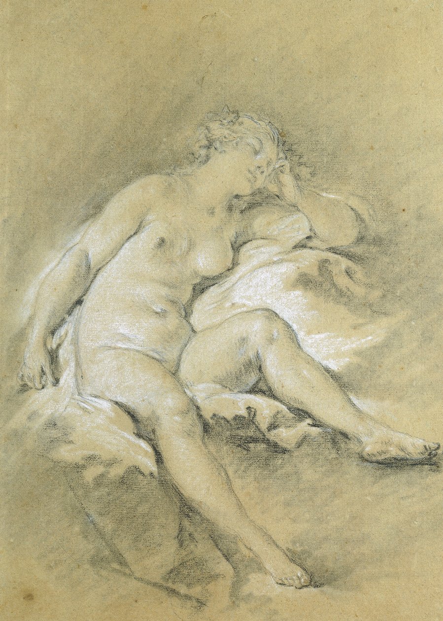 Naken ung kvinne sitter, sover; En naken og sittende ung kvinne, sover, av François Boucher