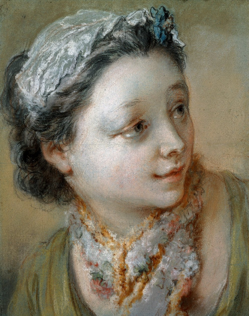 Portrett av en ung jente, med bystelengde, hodet vendt mot høyre, av François Boucher