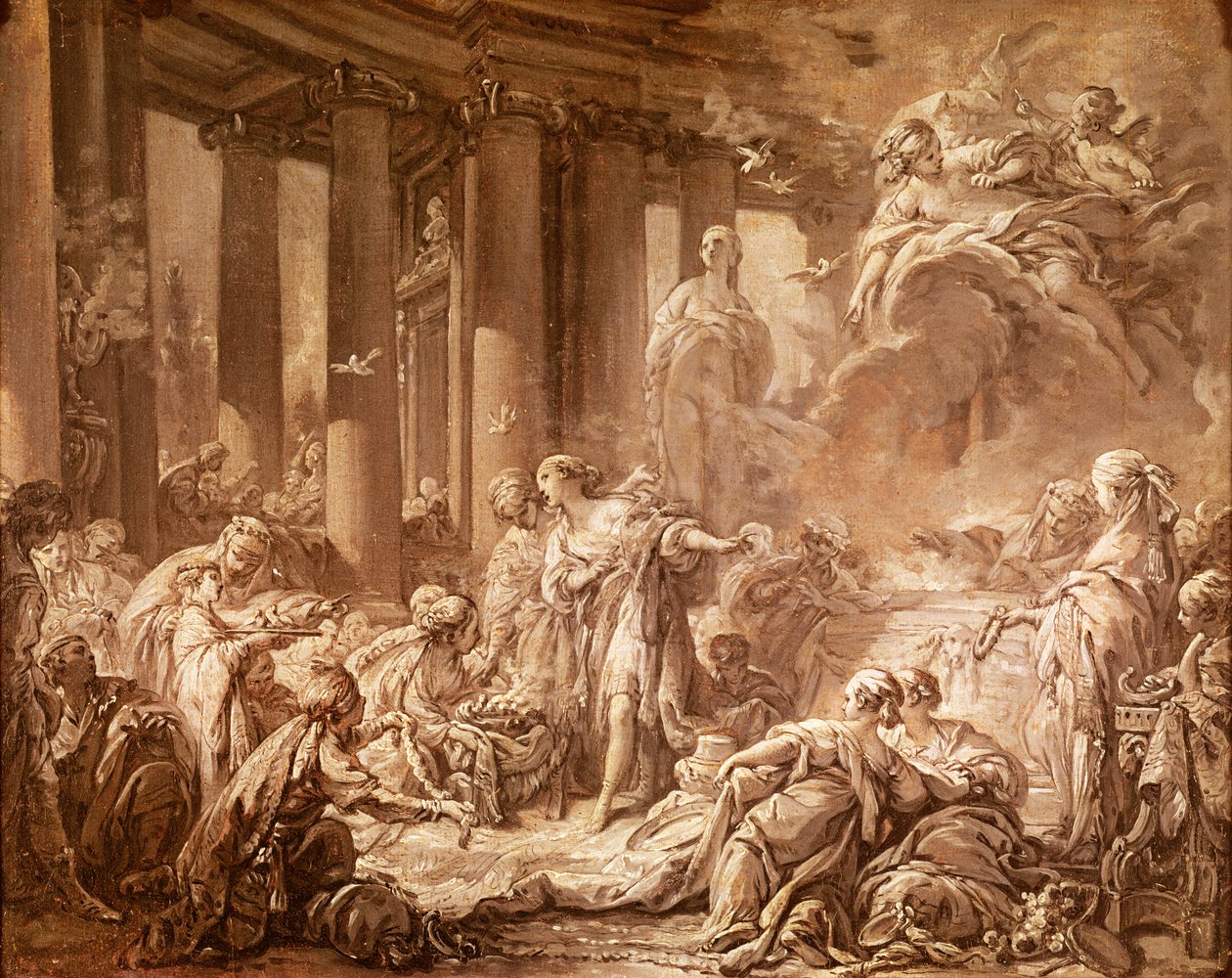 Psyche Receiving the Divine Honours (forberedende studie), ca. 1740 (oljemaleri på papir montert på lerret) av François Boucher