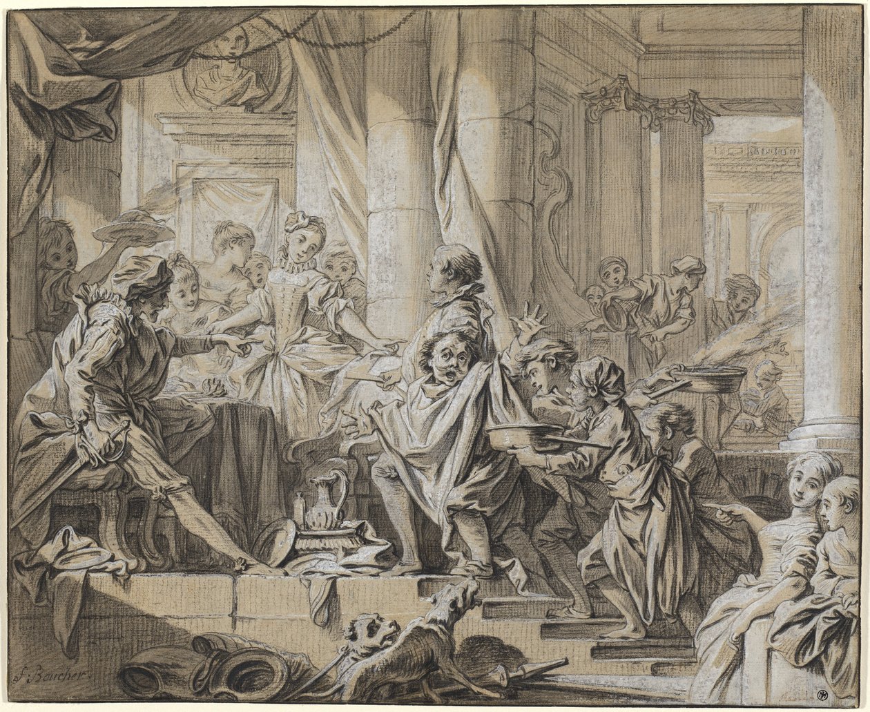 Sancho flykter fra hertugens tjenere av François Boucher
