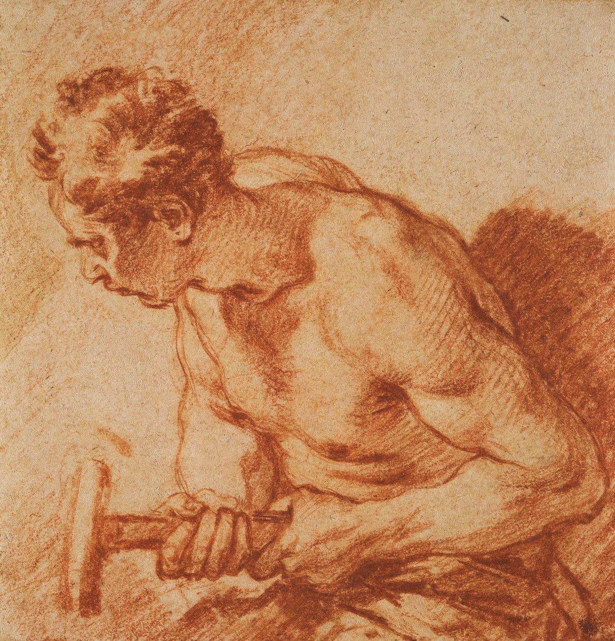 Studie av en mann som holder en hammer, halv lengde, av François Boucher