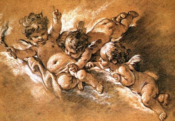 Tre putti i skyer (kritt) av François Boucher