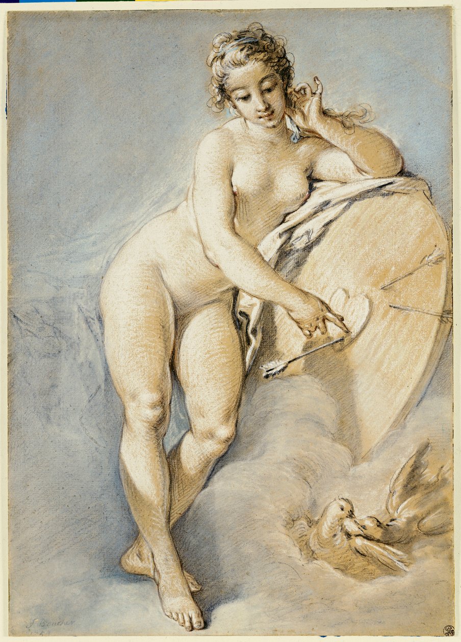 Venus står og gestikulerer mot et hjerte på et mål med to duer, 1754 av François Boucher