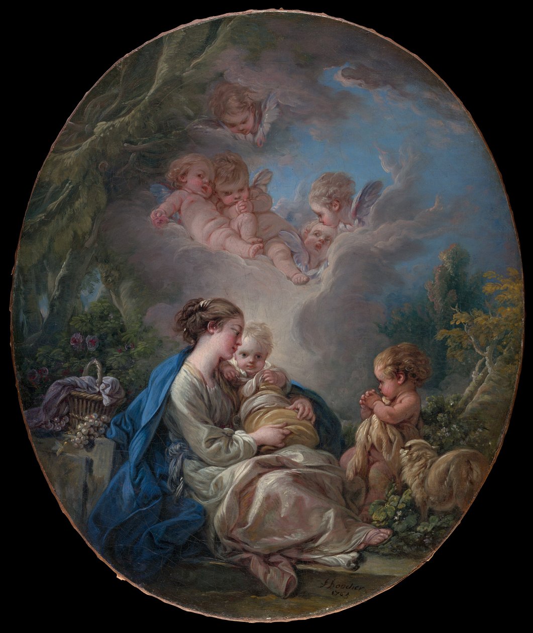 Jomfru og barn med den unge døperen Johannes og engler, 1765 av François Boucher