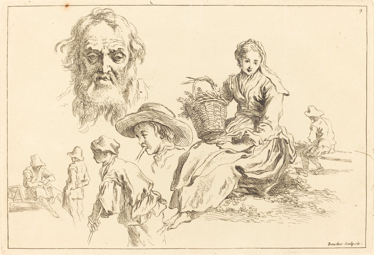 Figurstudier inkludert skjeggete ansikt til en gammel mann av François Boucher after Abraham Bloemaert