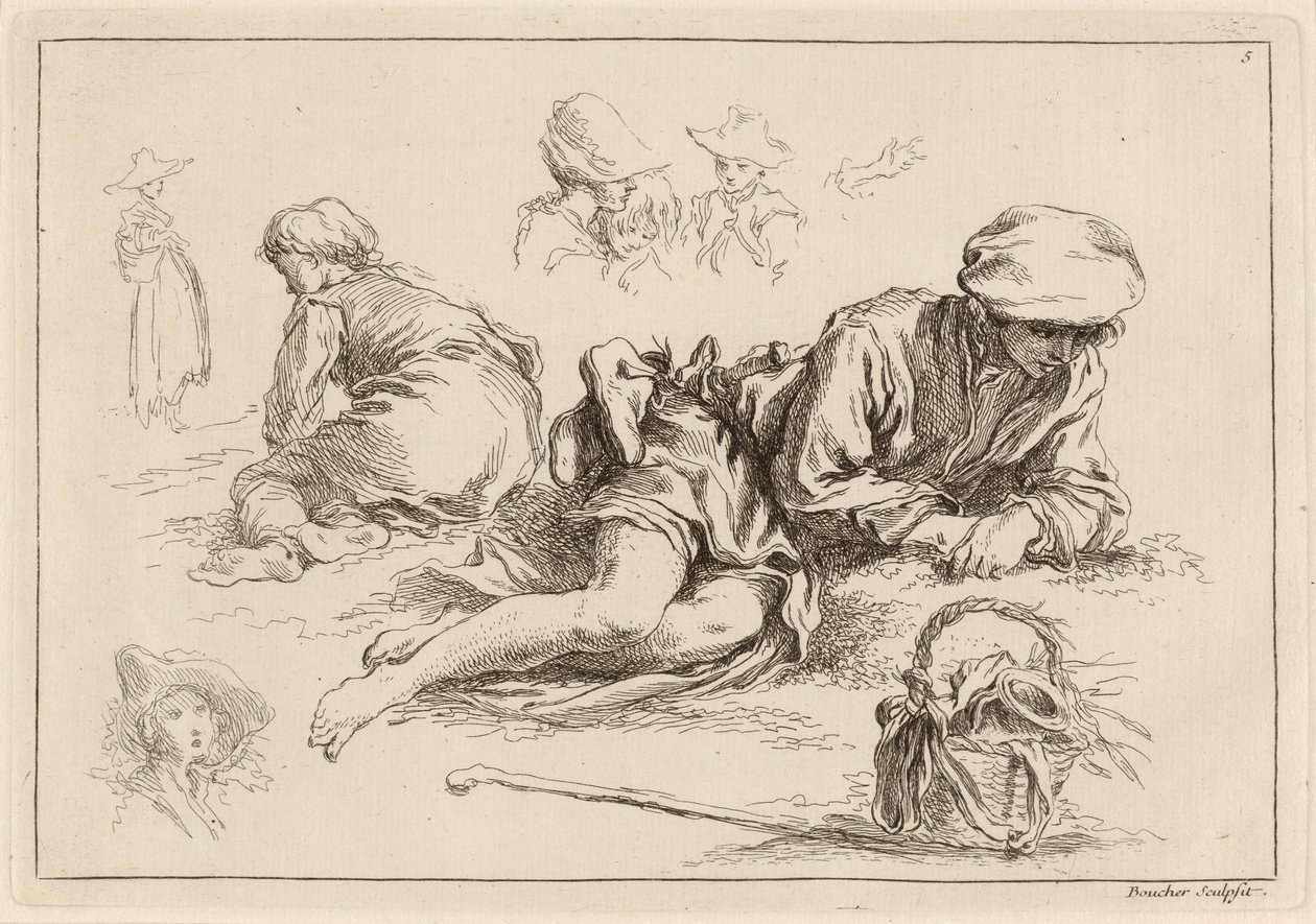 Figurstudier inkludert Reclining Boy av François Boucher after Abraham Bloemaert