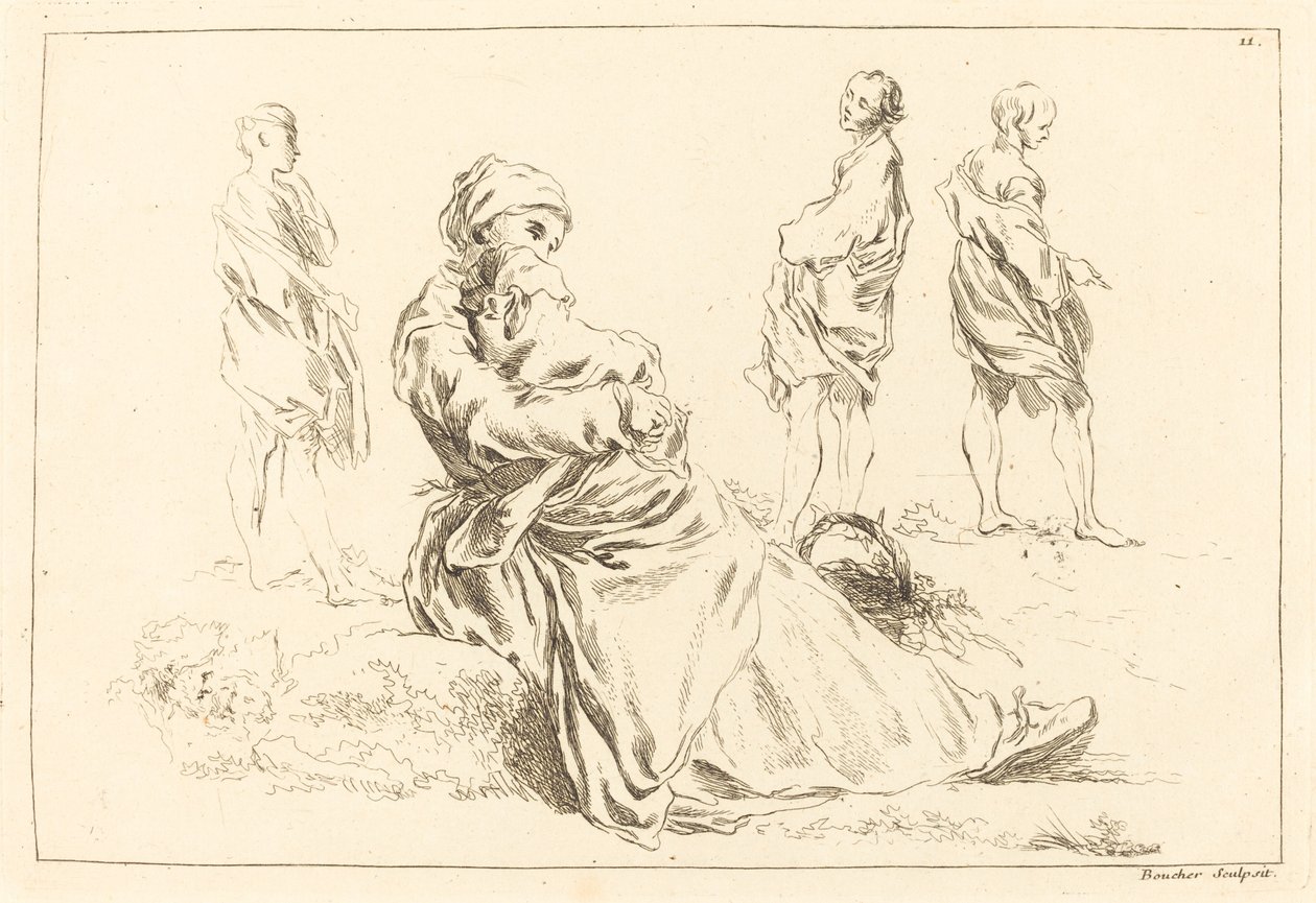 Figurstudier inkludert sittende mor og barn av François Boucher after Abraham Bloemaert