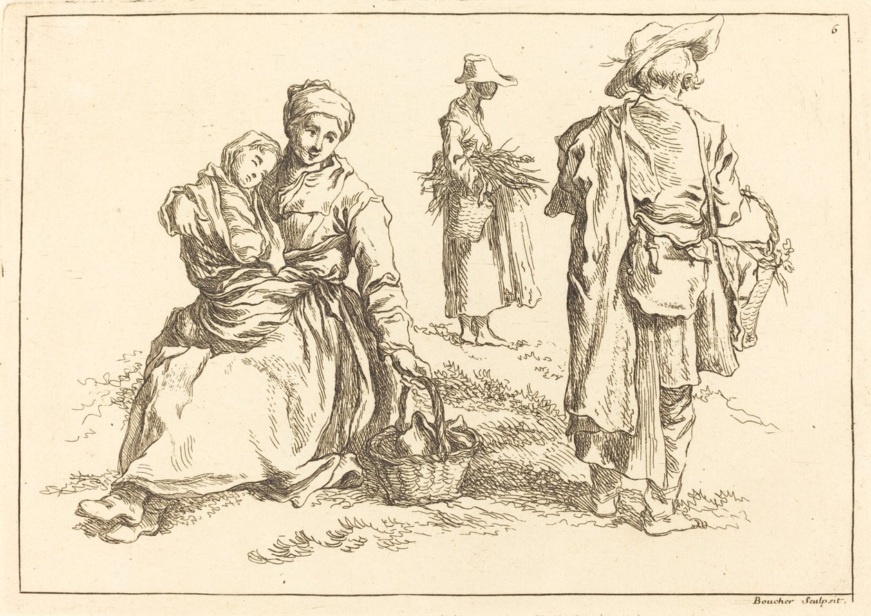Sittende mor og barn, to stående bønder av François Boucher after Abraham Bloemaert