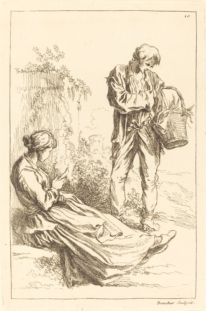 Sittende kvinne med bondegutt som holder en kurv av François Boucher after Abraham Bloemaert
