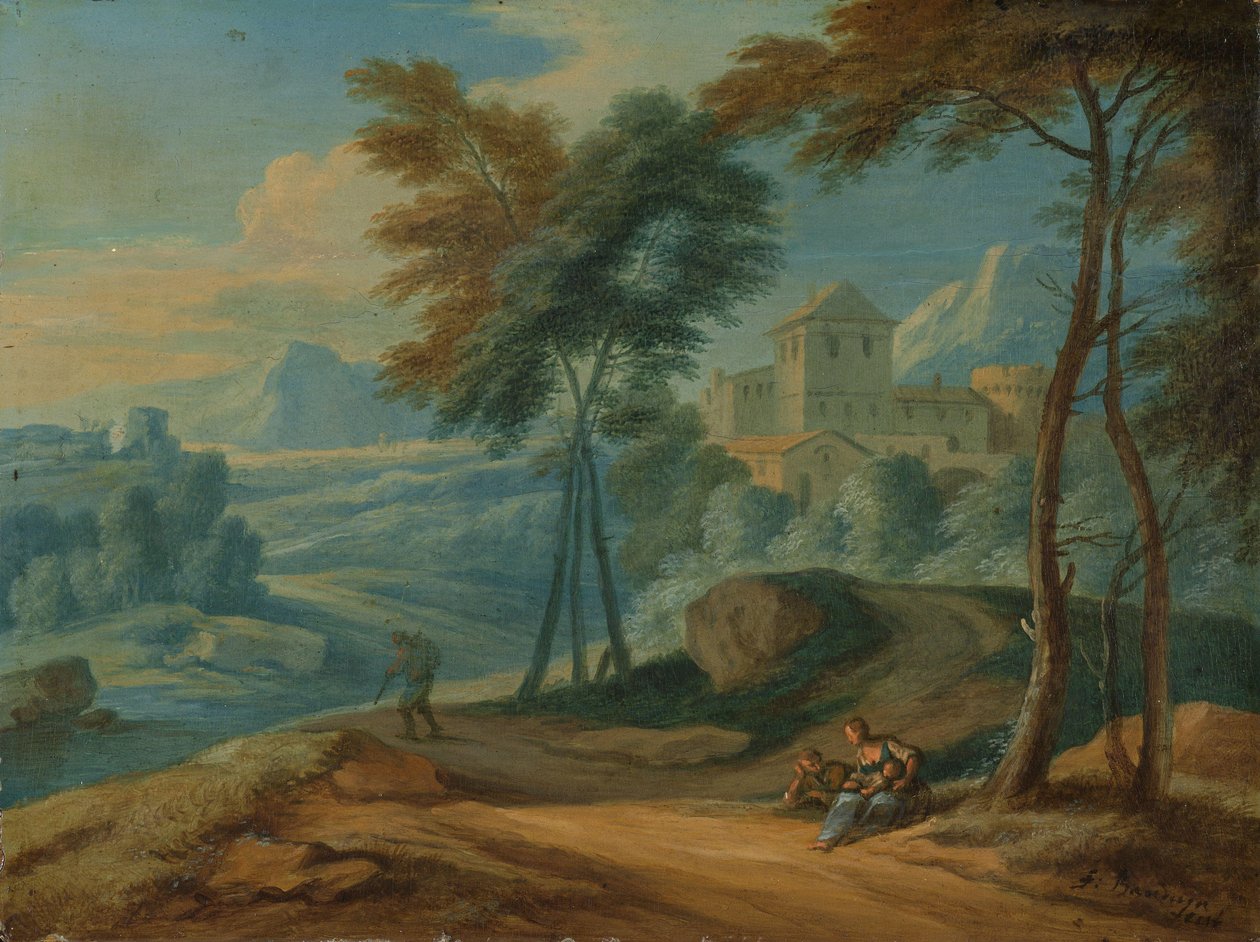 Skogkledd italiensk landskap med figurer av François Boudewyns