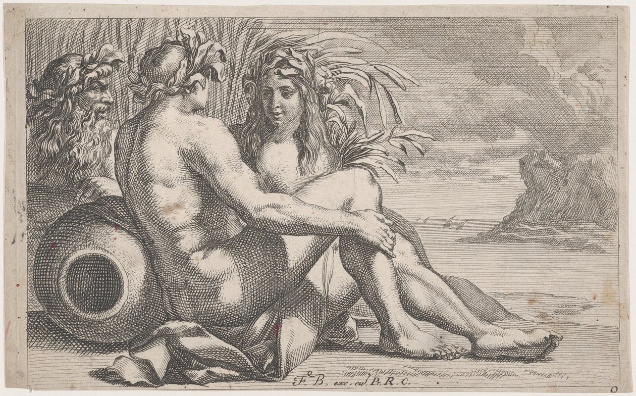 Elveguder liggende foran et sjølandskap, 1651-82. av François Bourlier