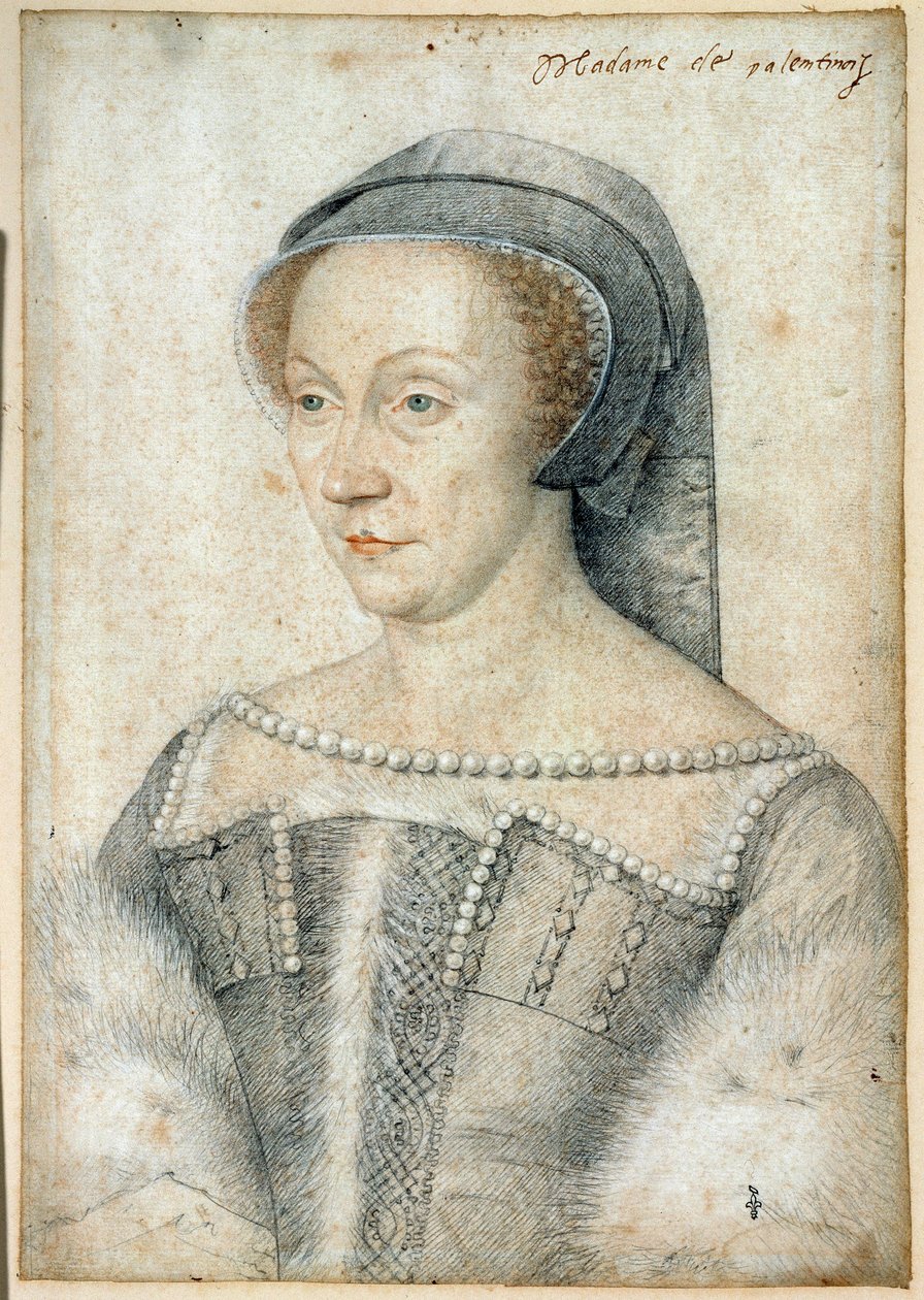 Portrett av Diane de Poitiers, hertuginne av Valentinois (1499 - 1566). Tegning med svart stein og blod av Francois Clouet (1515-1572) av François Clouet