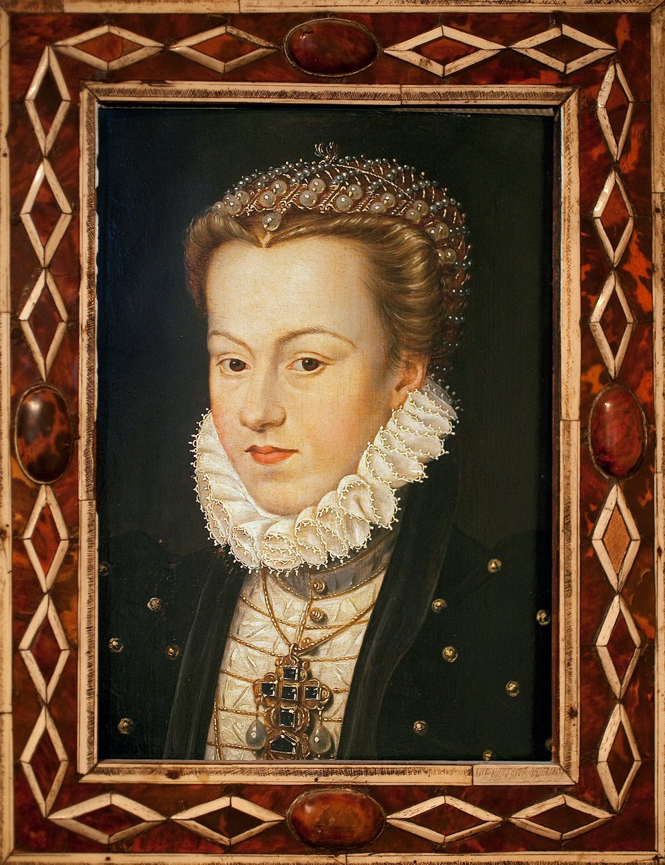 Portrett av Elisabeth av Østerrike (1554-1592, dronning av Frankrike) - Maleri av Francois Clouet (ca. 1505-1572), fransk kunst, sent på 1500-tallet - Musee des Beaux Arts d