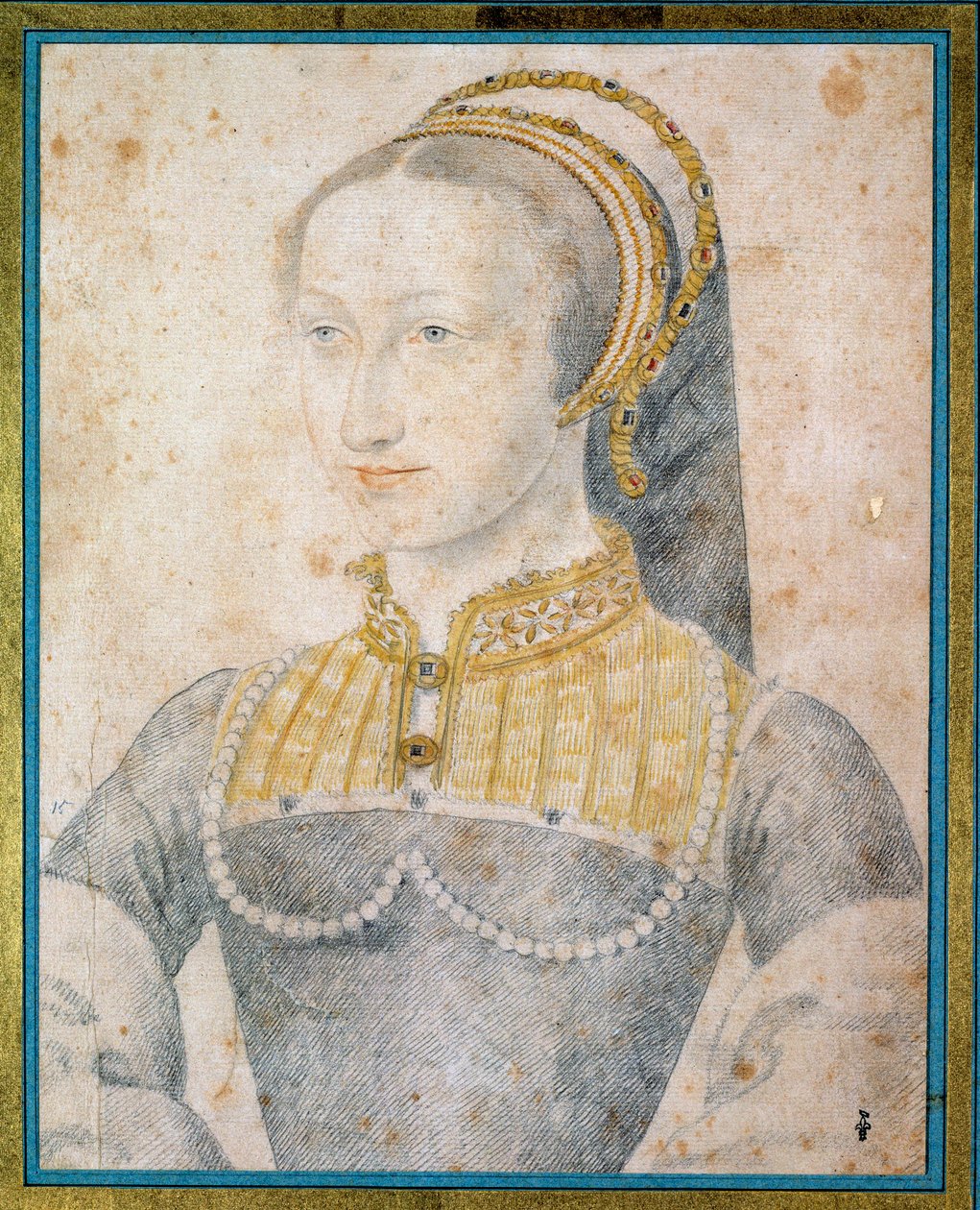 Portrett av Jeanne av Albret, dronning av Navarra (1528 - 1572), mor til Henry IV. Tegning med svart stein og blod av Francois Clouet (1515-1572) av François Clouet