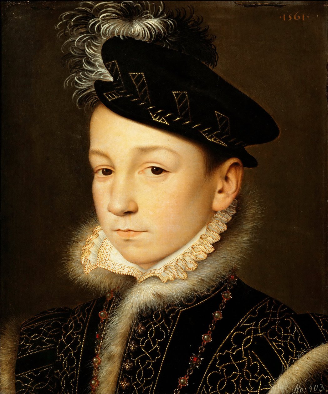 Portrett av kong Charles IX av Frankrike (1550-1574) - Francois Clouet (1510-1572). Olje på tre av François Clouet