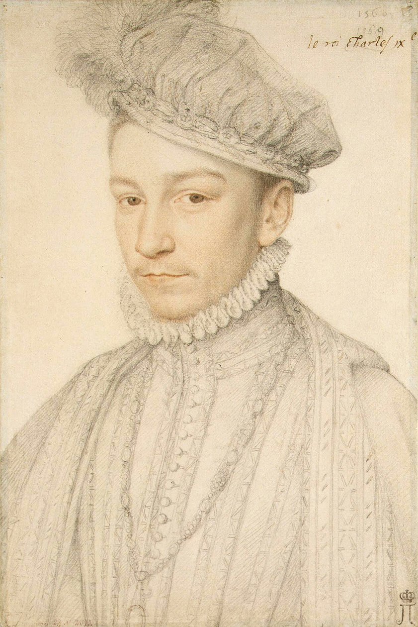 Portrett av kong Charles IX av Frankrike (1550-1574) av Clouet, Francois (1510-1572). Svart kritt og sangvin på papir, størrelse: 33,5x22,5 av François Clouet