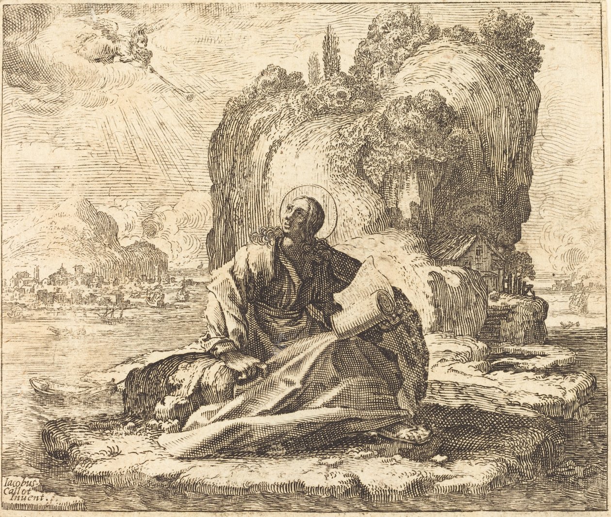 Saint John på Isle of Patmos av François Collignon after Jacques Callot
