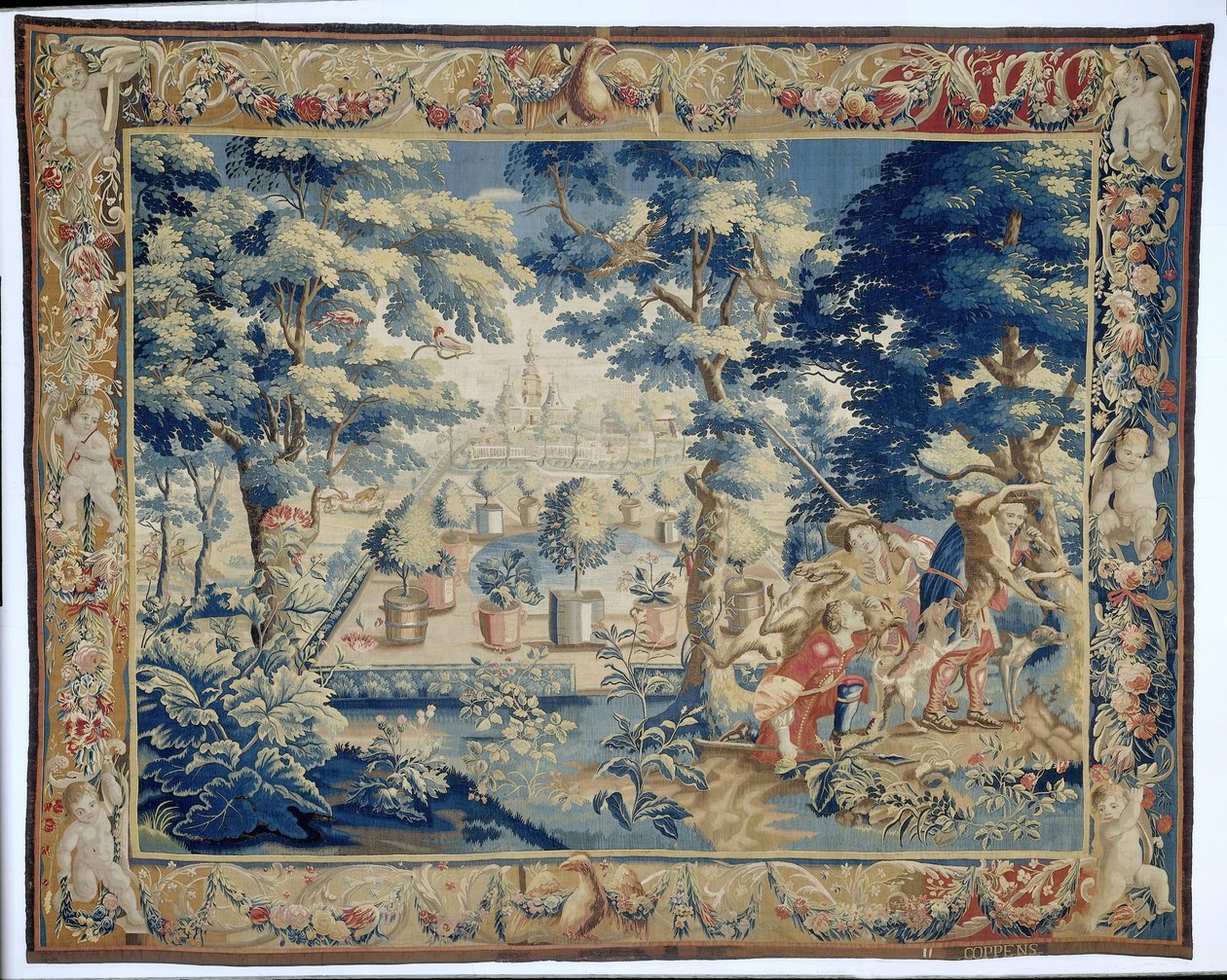 Parkutsikt med jegere med fangsten Parkutsikt med figurer (serietittel) av François Coppens