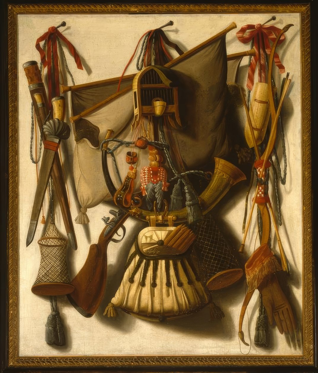 Trompe l’oeil stilleben med jaktutstyr av François Coppeyn