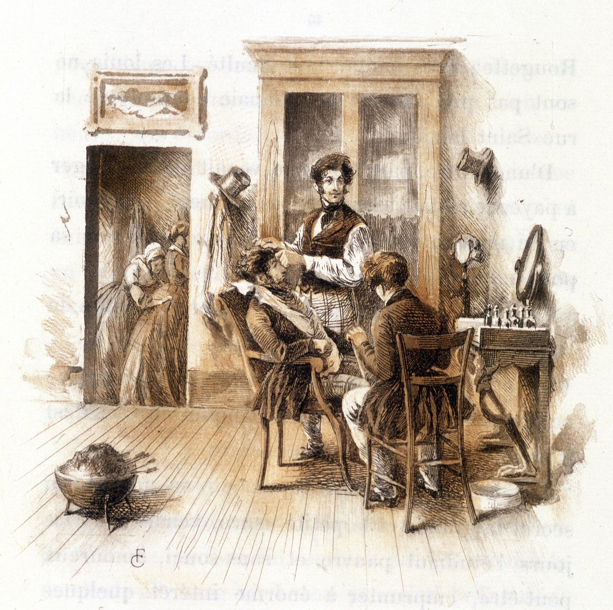 Barber. Illustrasjon av "" Profile of grisette""" ny som tilhører samlingen "" Mimi de Pinson"" av Alfred de Musset av François Courboin