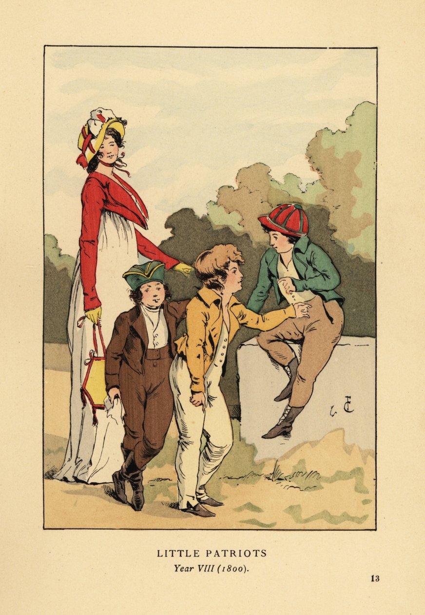 Gutter i jakker og knebukser med Merveilleuse i romersk kappe med panser og spencerjakke. Små patrioter, år VIII av François Courboin